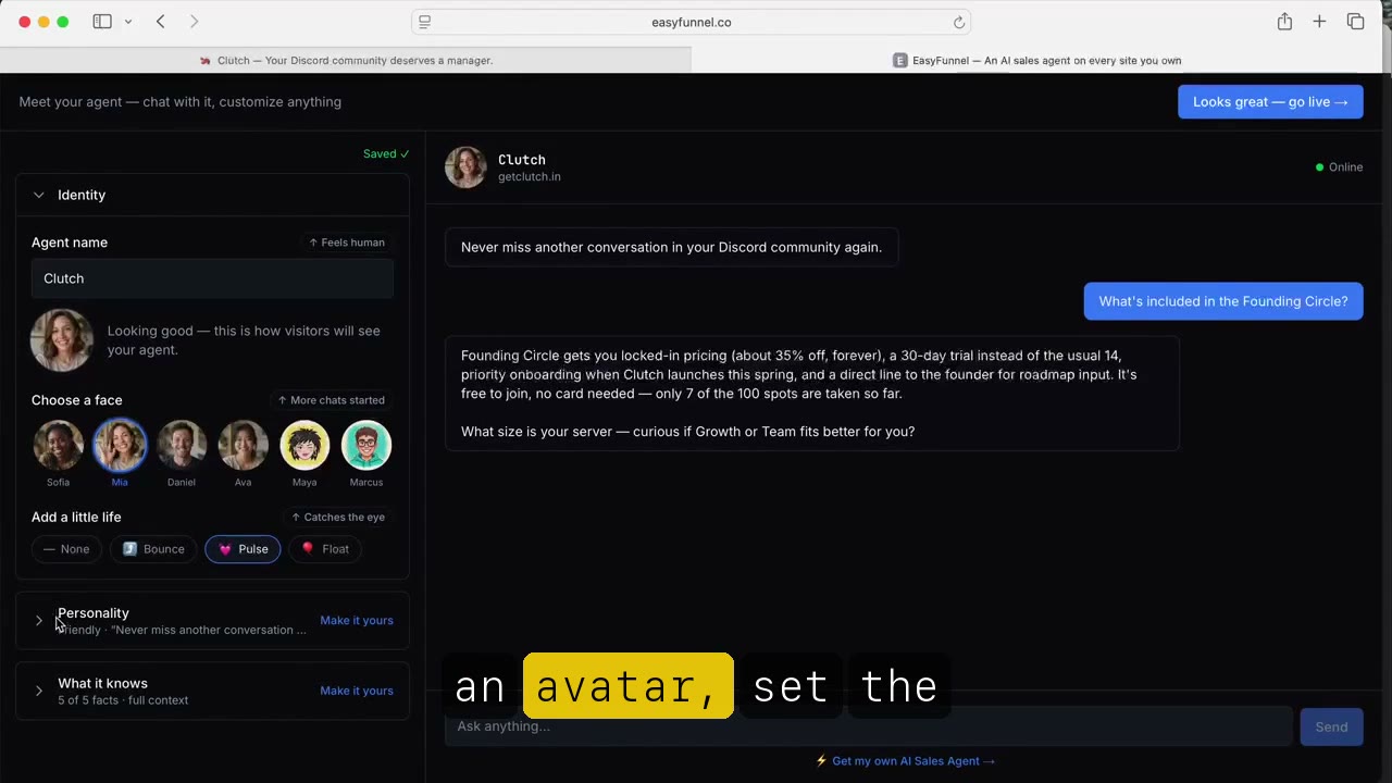 EasyFunnel onboarding: configuring the agent with a live chat preview